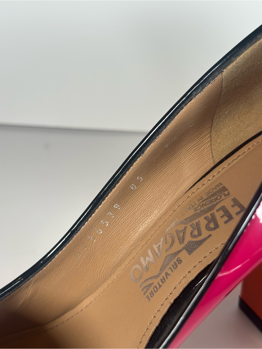 Salvatore Ferragamo Pink and Orange Patent Leather Block Heel Pumps - Picture 7 of 9